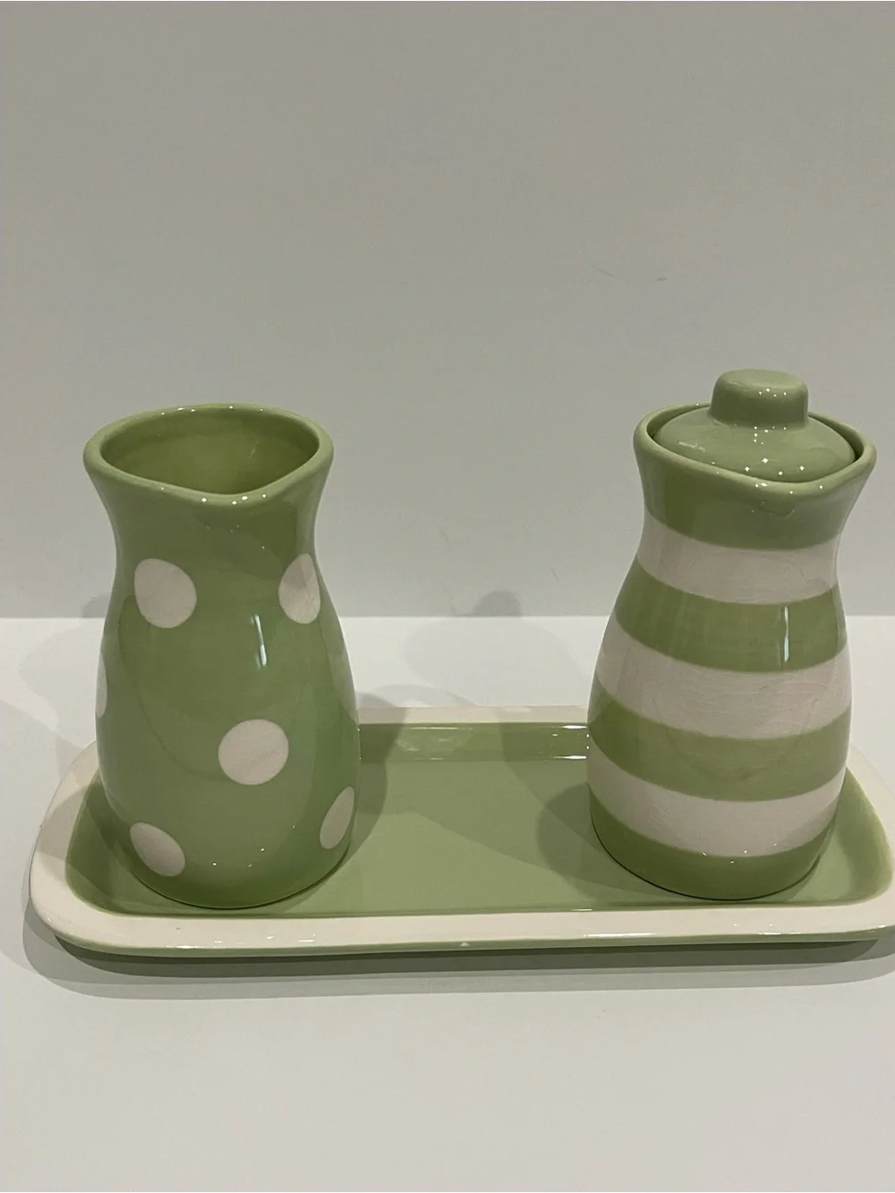 Hallmark Green and White Polka Dot & Stripe Ceramic Creamer Set with Tray